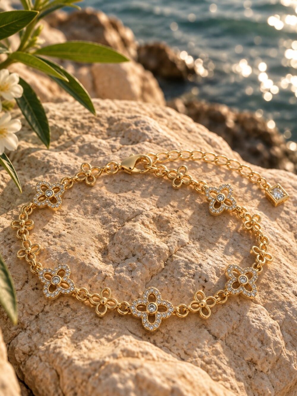 Gold Floral Link Bracelet | Dainty Clover Crystal Bracelet | 2003